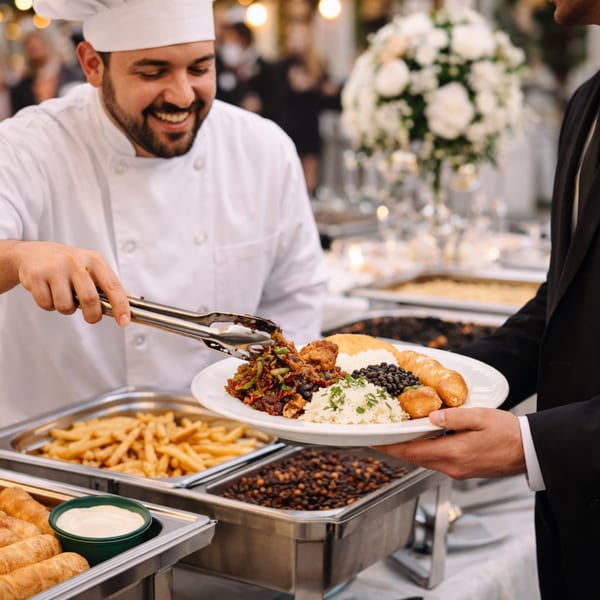 A smiling chef serves a plate of Venezuelan food from a buffet to a guest.
