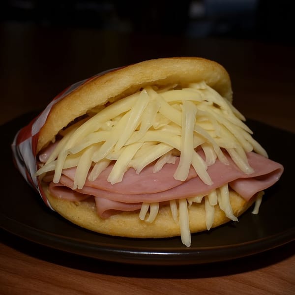 Avila Restaurant's Venezuelan arepa filled with ham and shredded white cheese, on a dark plate.