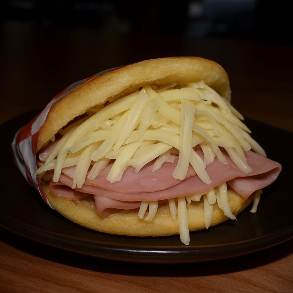 Avila Restaurant's Venezuelan arepa filled with ham and shredded white cheese, on a dark plate.