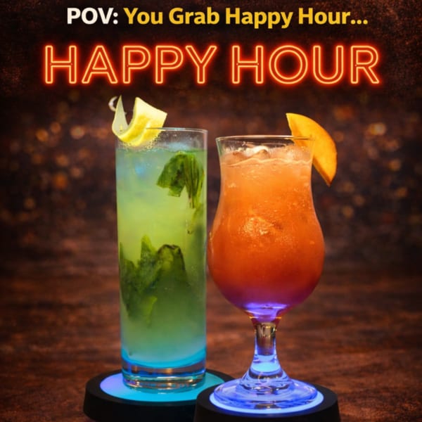 Two colorful cocktails, one green and one orange, on glowing blue coasters, with "HAPPY HOUR" text.